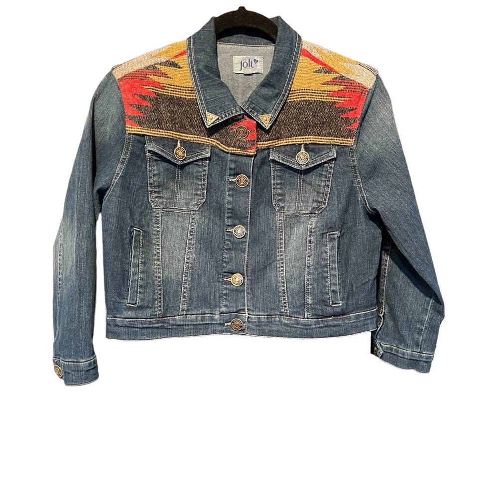 Jolt Southwestern Style Jean Jacket Denim Wool Blend Aztec Cropped Silho…